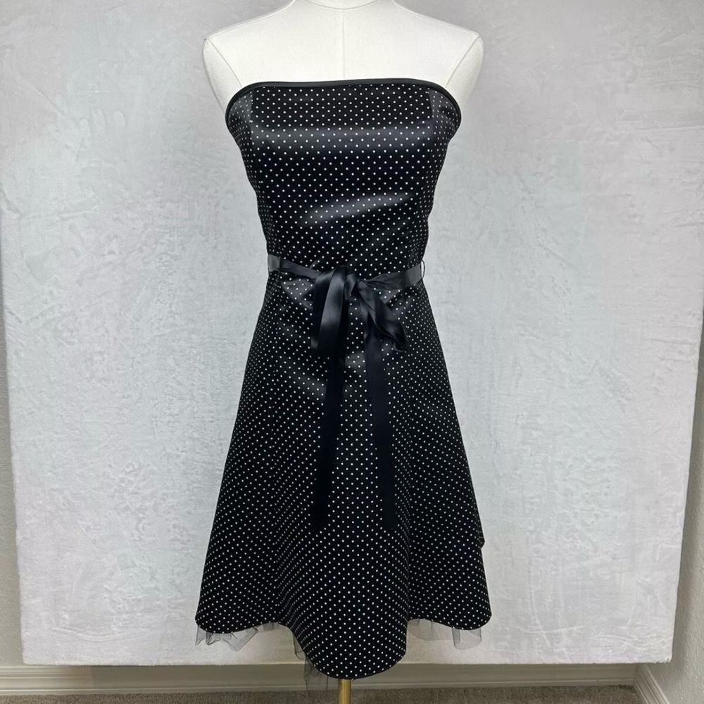 Jessica McClintock Gunne Sax Dress 7/8 Black White Polka Dot Strapless Pinup